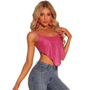 Sequin Spaghetti Straps Criss Cross Backless Crop Cami Top Hot Pink